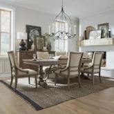 Americana Farmhouse 7 Piece Trestle Dining Set in Distressed Wood & Fabric
