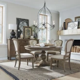 Americana Farmhouse 5 Piece Pedestal Dining Set in Distressed Wood & Fabric
