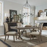 Americana Farmhouse 5 Piece Trestle Dining Set in Distressed Wood & Fabric