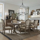 Americana Farmhouse 7 Piece Trestle Dining Set in Distressed Wood & Fabric