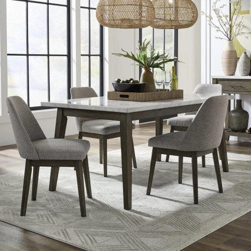 Edison 5 Piece Dining Set in Wood, White Faux Marble & Gray Fabric