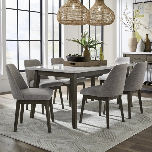 Edison 7 Piece Dining Set in Wood, White Faux Marble & Gray Fabric