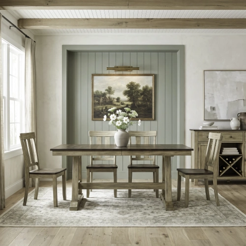 Lindsey Farm 5 Piece Trestle Dining Set in Natural & Brown Wood