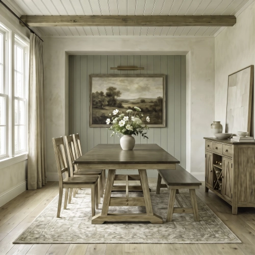 Lindsey Farm 6 Piece Trestle Dining Set in Natural & Brown Wood