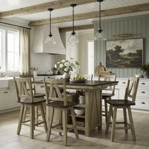 Lindsey Farm 7 Piece Gathering Height Dining Set in Natural & Brown Wood