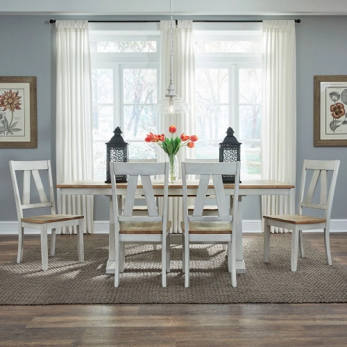 Lindsey Farm 7 Piece Trestle Dining Set in Weathered White & Sandstone