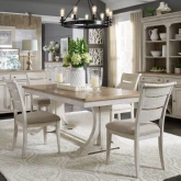 Farmhouse Reimagined 5 Piece Dining Set in Distressed White, Brown & Linen