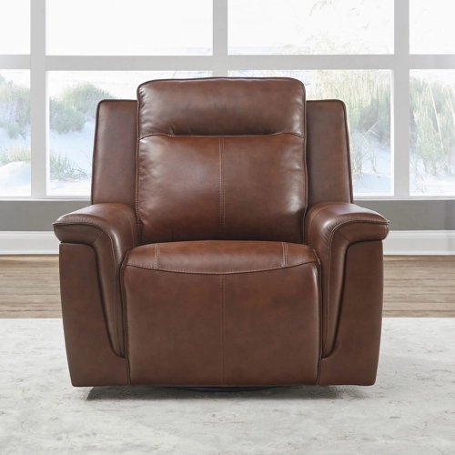 Avery Swivel Glider Power Recliner in Cognac Brown Top Grain Leather