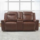 Avery Dual Power Recline Console Loveseat in Cognac Top Grain Leather