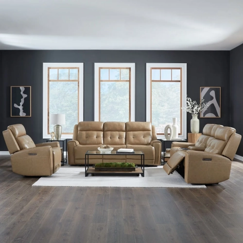 Carrington Triple Power Zero Gravity Sofa, Loveseat & Recliner Set in Sand Brown Leather