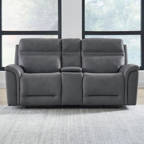 Cooper Power Recline Console Loveseat in Blue Gray Top Grain Leather
