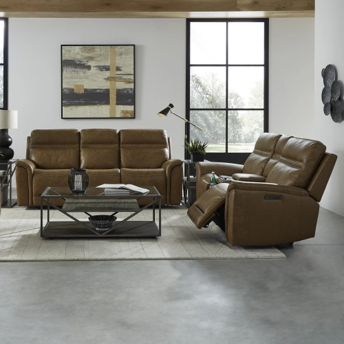 Cooper Triple Power Zero Gravity Sofa & Loveseat Set in Camel Brown Leather