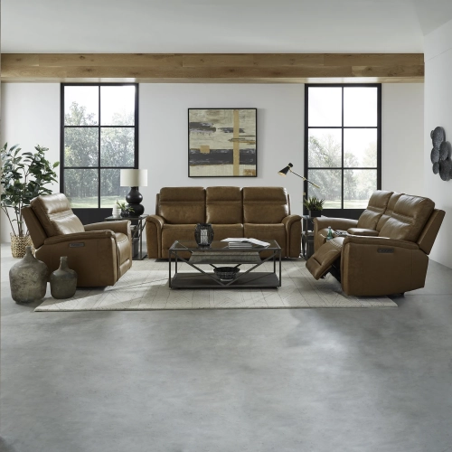 Cooper Triple Power Zero Gravity Sofa, Loveseat & Recliner Set in Camel Brown Leather