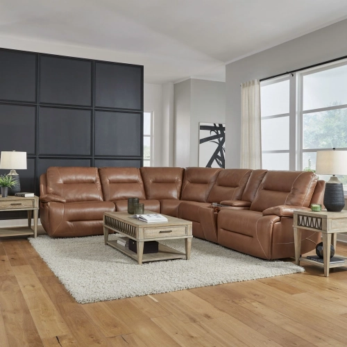 Cameron 6 Piece Power Recline Sectional Sofa in Saddle Brown Top Grain Leather