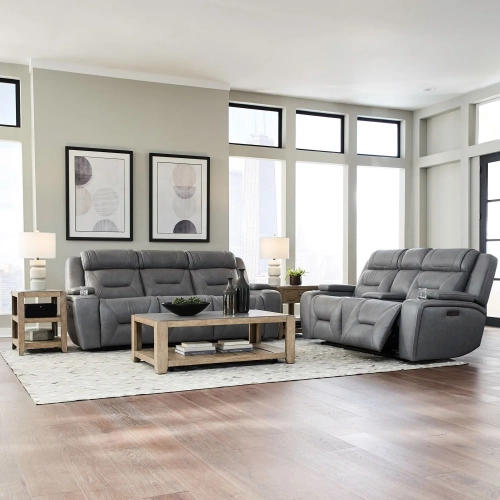 Chapman Dual Power Zero Gravity Sofa & Loveseat Set in Blue Gray Leather