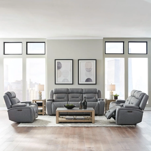 Chapman Dual Power Zero Gravity Sofa, Loveseat & Recliner Set in Blue Gray Leather