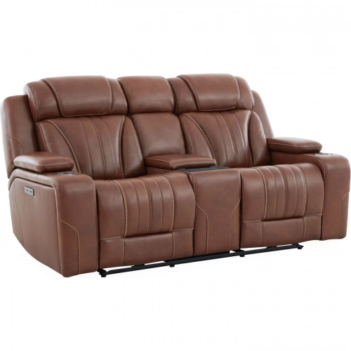 Caswell Zero Gravity Power Recline Console Loveseat in Chestnut Brown Leather