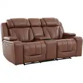 Caswell Zero Gravity Power Recline Console Loveseat in Chestnut Brown Leather