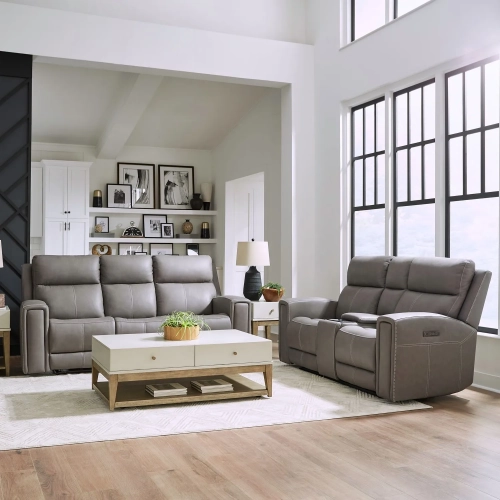 Camden Triple Power Zero Wall Sofa & Loveseat Set in Light Gray Leather