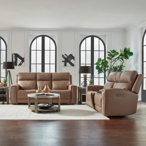 Camden Triple Power Zero Wall Sofa & Loveseat Set in Toast Brown Leather