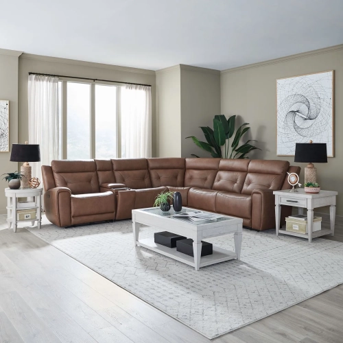 Beckham 6 Piece Power Recline Sectional Sofa in Saddle Brown Leather