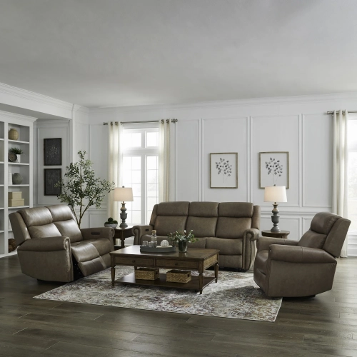 Carlton Triple Power Zero Gravity Sofa, Loveseat & Recliner Set in Taupe Neutral Leather