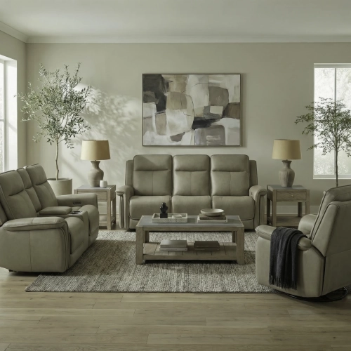 Cora Triple Power Zero Sofa, Loveseat & Recliner Set in Cashmere Neutral Leather