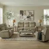 Cora Triple Power Zero Sofa, Loveseat & Recliner Set in Cashmere Neutral Leather