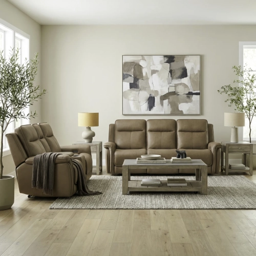 Cora Triple Power Zero Sofa & Loveseat Set in Toast Brown Leather