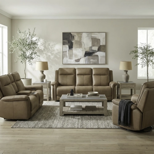 Cora Triple Power Zero Sofa, Loveseat & Recliner Set in Toast Brown Leather