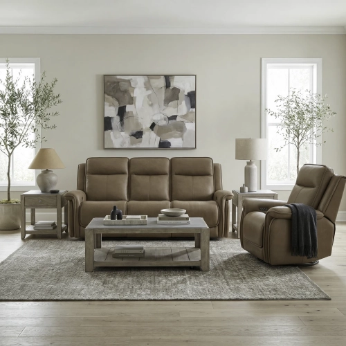 Cora Triple Power Zero Sofa & Recliner Set in Toast Brown Leather