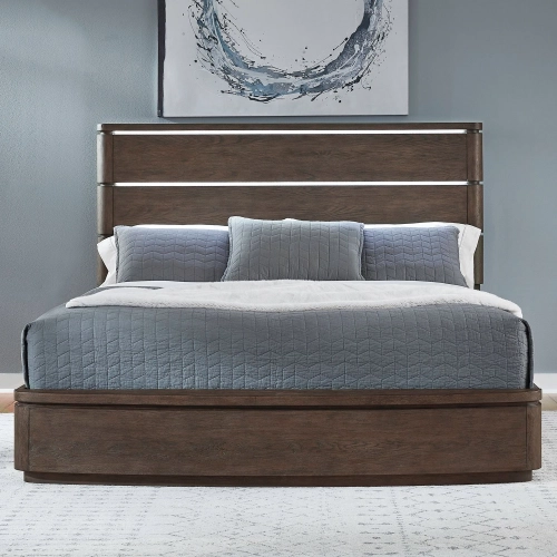 Cascade Falls CA King Panel Bed in Satin Espresso Brown Wood with LED Lights