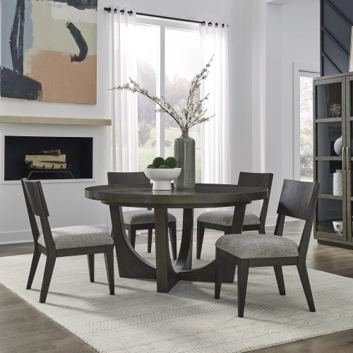 Cascade Falls 5 Piece Pedestal Dining Set in Espresso Wood & Gray Fabric
