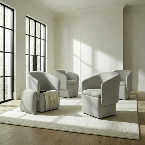 Accent Storage Dining Arm Chairs w/ Casters in Cloud White Fabric (Set of 4)
