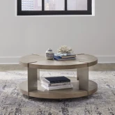 Harlow Round Coffee Cocktail Table in Sandstone Wood & Satin Nickel