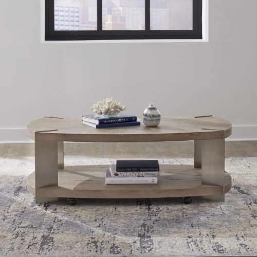 Harlow Oval Coffee Cocktail Table in Sandstone Wood & Satin Nickel