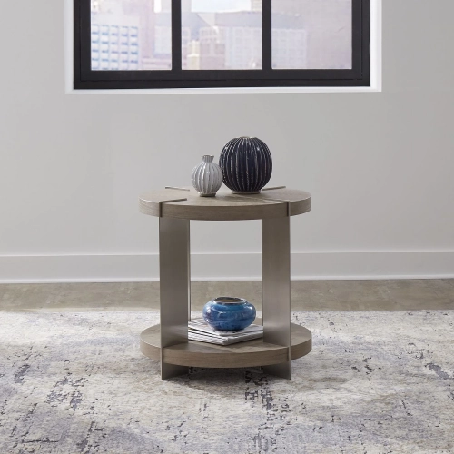 Harlow Round End Table in Sandstone Wood & Satin Nickel