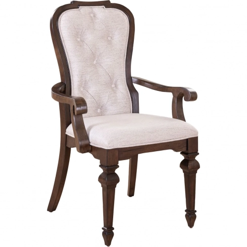 Provence Park Dining Arm Chair in Brown Wood & Tufted Cream Fabric (Set of 2)