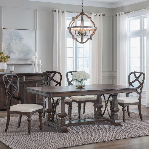 Providence Park 5-Piece Trestle Dining Set in Brown Wood & Cream Fabric