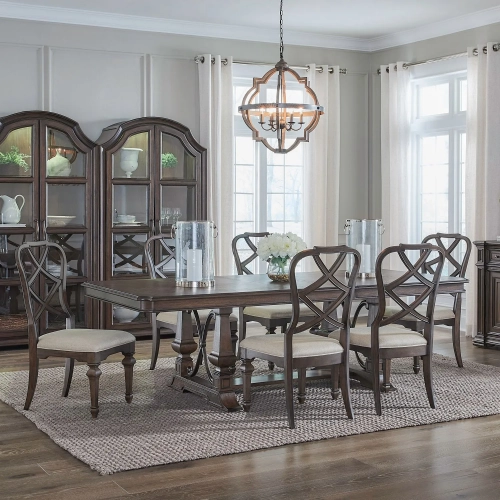 Providence Park 7-Piece Trestle Dining Set in Brown Wood & Cream Fabric
