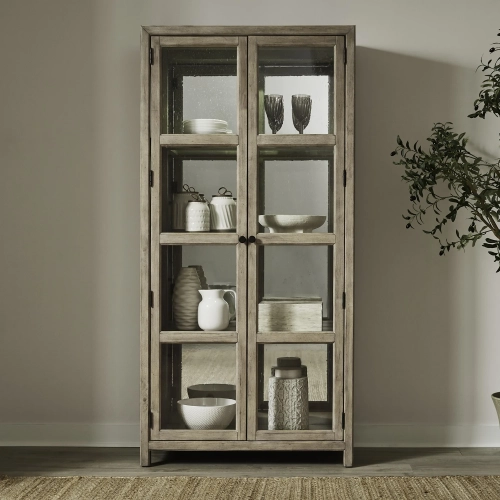 Proximity Place Bunching Display Cabinet in Buff Wood, Mirror & Seeded Glass