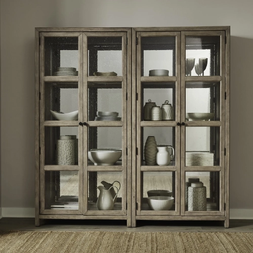 Proximity Place 2-Piece Bunching Cabinet Set in Buff Wood, Mirror & Seeded Glass