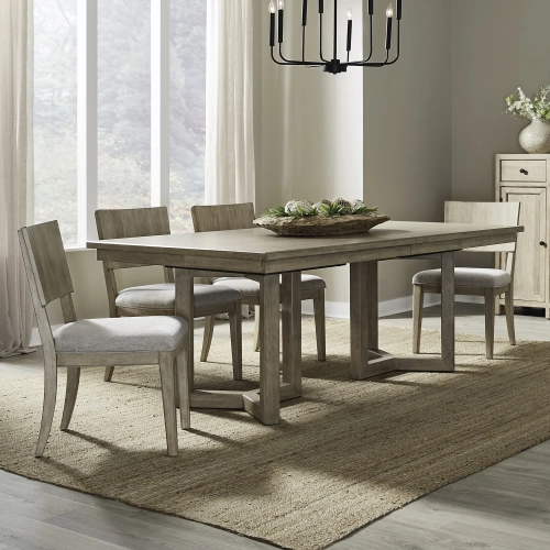 Proximity Place 5-Piece Double Pedestal Dining Set in Buff Wood & Barley Fabric