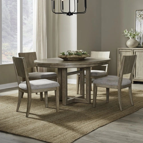 Proximity Place 5-Piece Pedestal Dining Set in Buff Wood & Barley Fabric