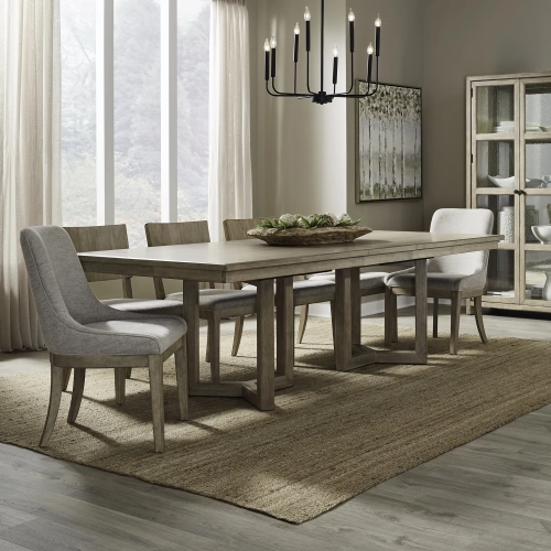 Proximity Place Piece Double Pedestal Dining Set in Buff Wood & Barley Fabric