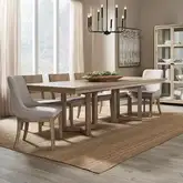 Proximity Place Piece Double Pedestal Dining Set in Buff Wood & Barley Fabric