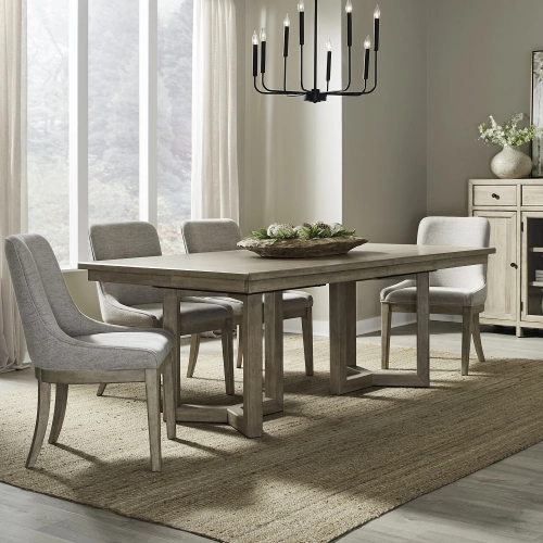 Proximity Place 5-Piece Double Pedestal Dining Set in Buff Wood & Barley Fabric