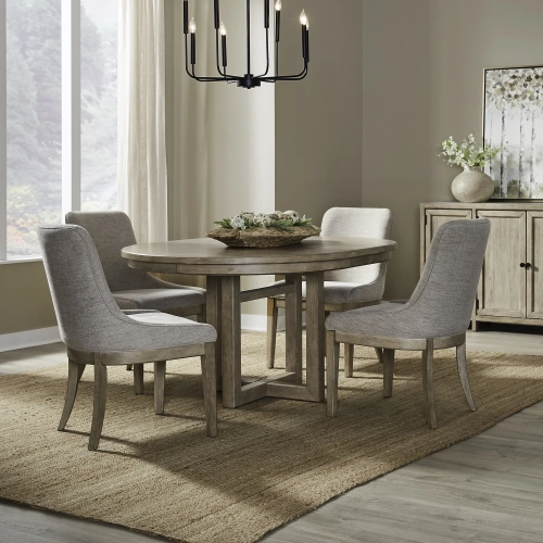 Proximity Place 5-Piece Pedestal Dining Set in Buff Wood & Barley Fabric