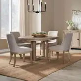Proximity Place 5-Piece Pedestal Dining Set in Buff Wood & Barley Fabric