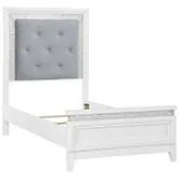 Reflections Twin Bed in Pearl White Wood, Rhinestones & Gray Fabric